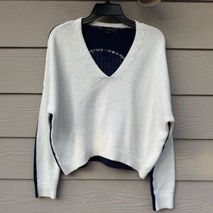 Skull Cashmere V-Neck Sweater in White and Navy